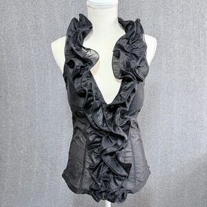 BODY CENTRAL Large Black Ruffled Halter Smocked Shirred Whimsygoth Glam Romantic